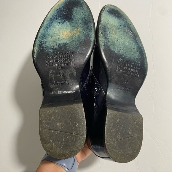 Maison Margiela Navy Patent Leather Lace Up Derby Dress Shoes White Stitch Heel - Picture 10 of 14